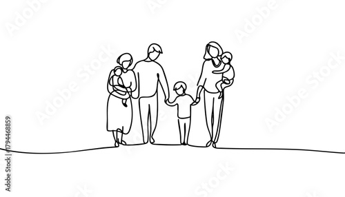 Single line drawing in modern minimalist style of family support and unity for World Cancer Day on white background  