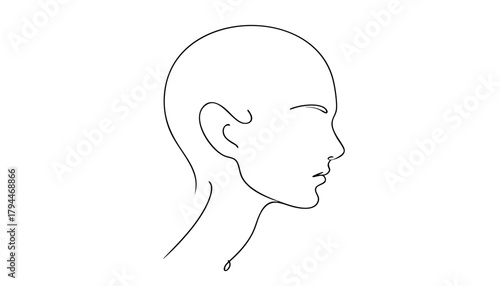Single line drawing in modern minimalist style of bald head symbol for World Cancer Day on white background  
