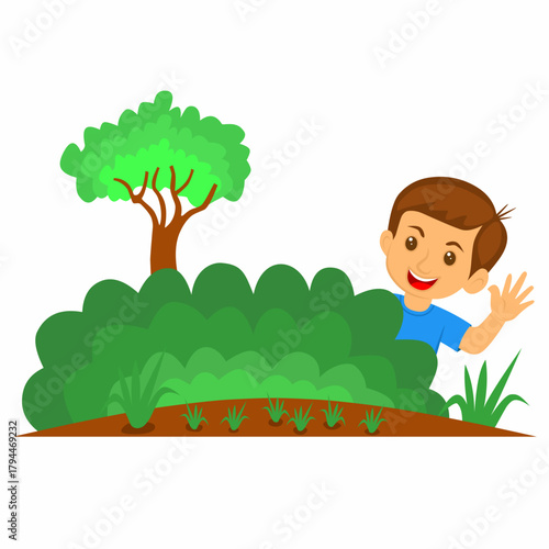 A flat design vector illustration of a cheerful, smiling boy waving behind a green bush. Suitable for educational, nature, children's, environmental, and learning materials.