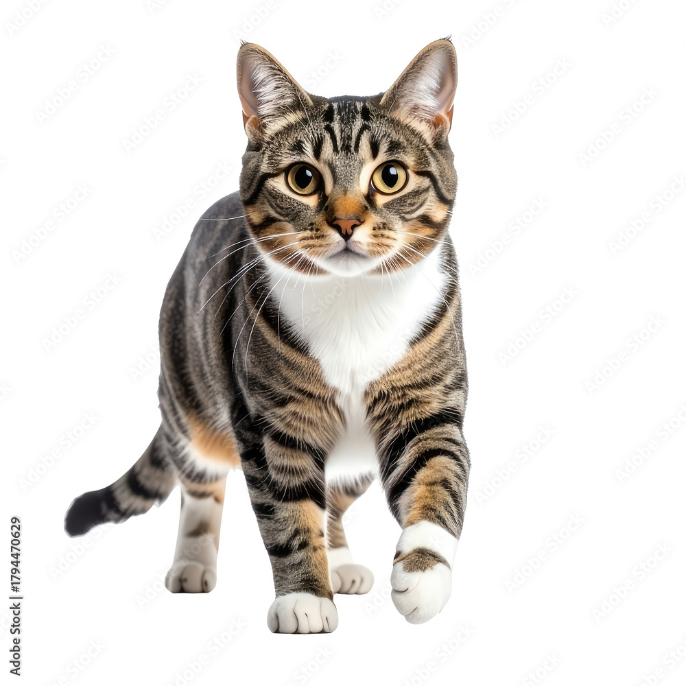 Fototapeta premium Tabby cat walking forward on a black background. Brown and white markings