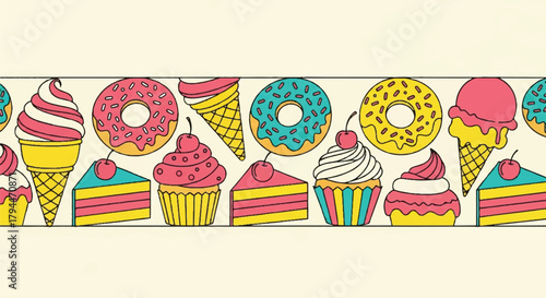 Seamless Retro Pop Art Dessert Border Cupcakes Donuts Ice Cream