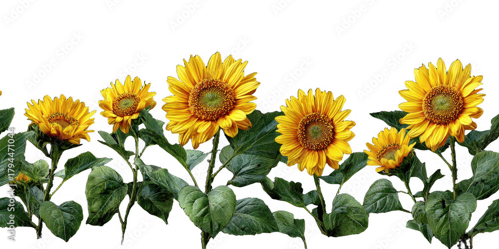 Fototapeta premium A vibrant row of blooming sunflowers with bright yellow petals and lush green leaves against a transparent background