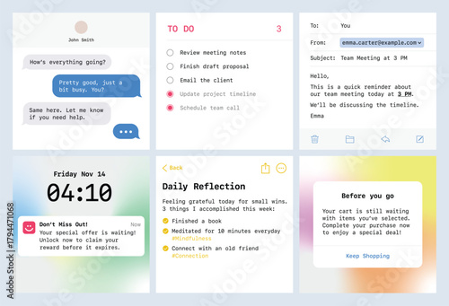 Editable mobile screen UI templates for reminders, notes, chats, emails, and alerts. Aesthetic social media posts with realistic screenshot designs, clean layouts, and modern UI styles.