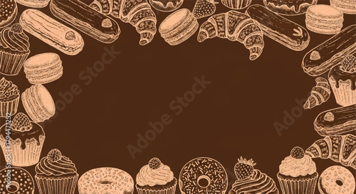 Vintage Bakery Frame Border Drawing Croissants Eclairs Cupcakes Donuts