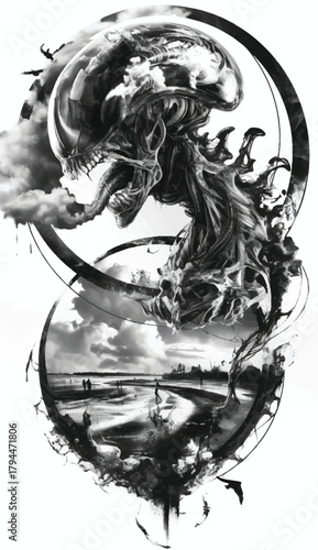 Abstract surreal composition of a fantastic beast and a landscape: A monochromatic artwork, the scene interweaves a fantastical creature's visage with an evocative landscape.