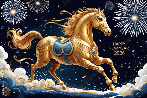 Majestic golden horse galloping, new year 2026 celebration, fireworks