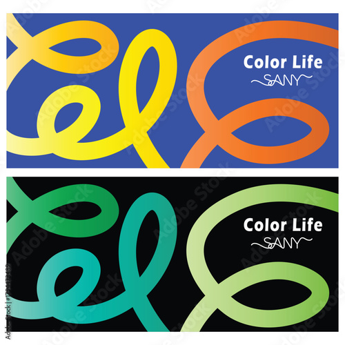 Colorful abstract ribbon shapes with color life text on blue and black backgrounds
