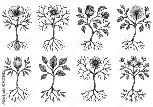 Intricate botanical ink drawing collection of detailed floral designs