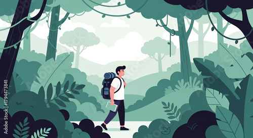 Man with backpack explores lush jungle trail, embracing adventure and discovery amidst serene, tropical wilderness with vibrant green foliage