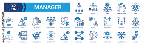 Manager icon set. Containing leadership, supervision, hiring, coaching, management, development, organization, teamwork and delegation icons. Blue icons collection. Vector illustration.