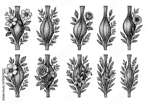 Hand drawn black and white floral vases seamless pattern for textile and wallpaper