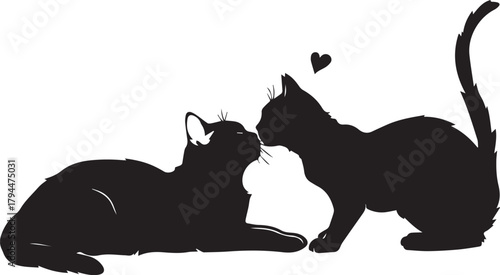 Silhouette Cats in Love: Two silhouettes of graceful cats sharing a tender moment, their forms intertwined beneath the tender gaze of a heart, depicting affection, bonding, and companionship.