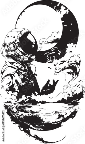 Astronaut's Cosmic Reflection: An astronaut, gazing at the moon, creates a dreamy, surreal illustration. Reflecting his silhouette on the water, he forms a captivating visual narrative.