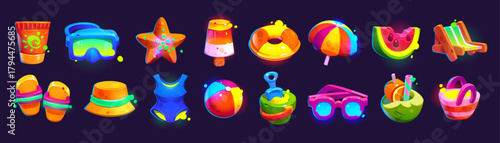 Game icons of summer travel and vacation