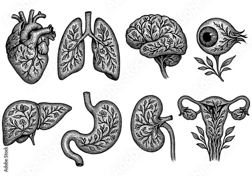 Intricate botanical-inspired anatomy designs featuring human organs