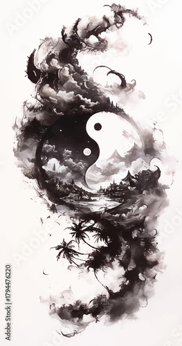 Yin and Yang Harmony: An artistic representation of the Yin and Yang symbol, depicting a balance of opposing forces, framed with swirling clouds and nature elements.