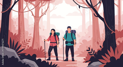 Embark on a stunning forest adventure with hiking couple, enjoying nature's beauty and exploring new trails, perfect for outdoorsy lifestyle brands