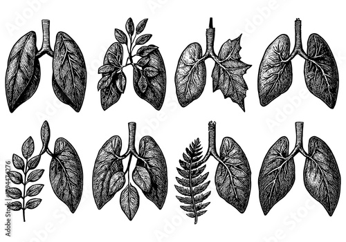 Botanical lungs: hand drawn style of human and plant forms merging