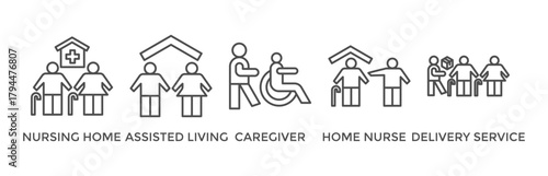 Elderly care banner web icon vector illustration concept for elder people support with an icon of caregiver, nursing home, assisted living, home nurse and delivery service