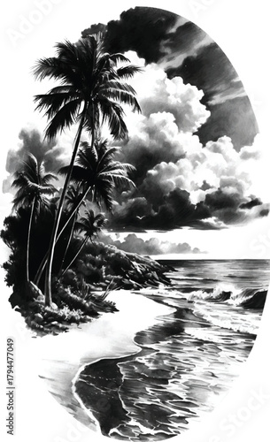 Seashore Paradise: A grayscale vision of a tropical paradise, featuring lush palm trees swaying gently in the breeze.