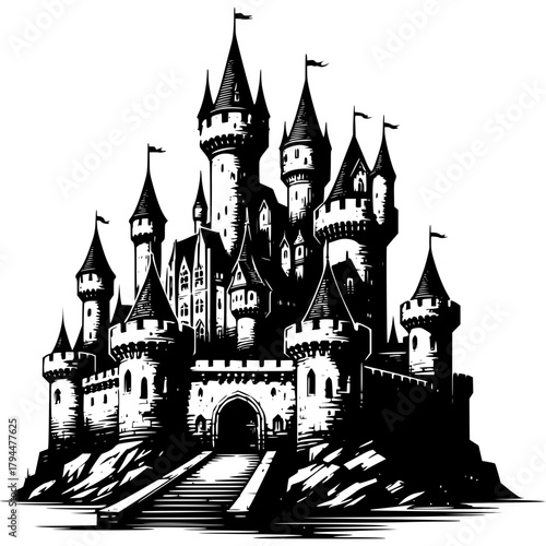 Majestic Fortress: An impressive fortress stands proudly, its towering turrets reaching towards the sky, inviting exploration and sparking imagination.