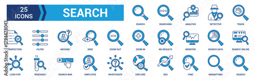 Search icon set. Containing magnifying glass, find, research, SEO and investigate icons. Outline icon collection. Vector illustration.