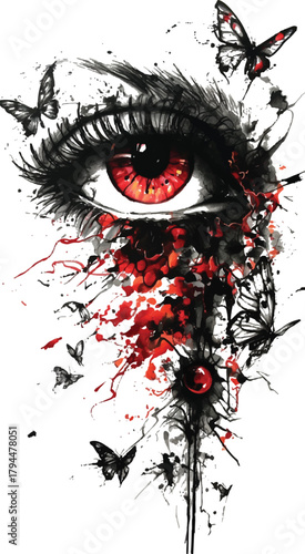 Unveiling the Soul: A captivating artistic rendition of a human eye with vivid red iris. Surrounded by intricate butterfly illustrations and emotional brushstrokes, it symbolizes vulnerability. 