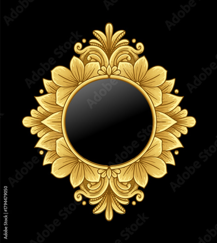 Obsidian mirror with golden floral frame