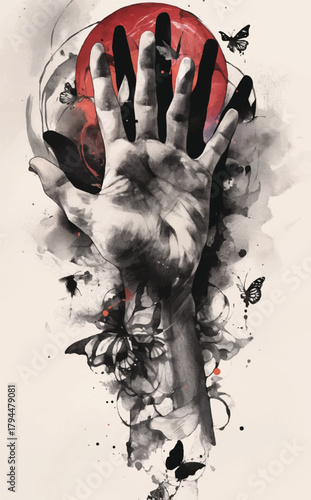 Artistic Hand Gesturing: A surreal painting depicts an open hand reaching towards a vibrant red sphere, accentuated by delicate butterflies. It evokes themes of aspiration, potential, and human touch.