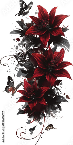 Crimson Bloom with Butterfly Whispers: A captivating arrangement of dark red blossoms with delicate butterfly flutter and artistic gray splatters. Capturing beauty of life.