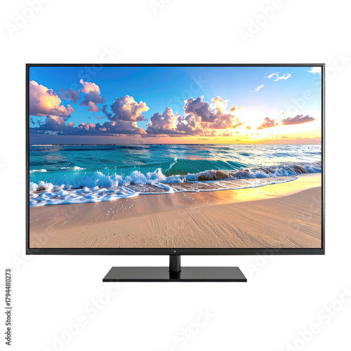 TV screen displays ocean sunset on beach, black background