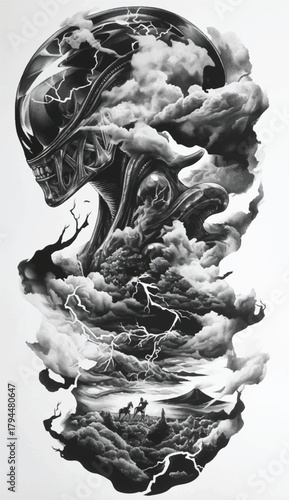 Otherworldly Fusion: A surreal digital composition blends a human-like form with elements of a stormy landscape, evoking mystery and the unknown. 