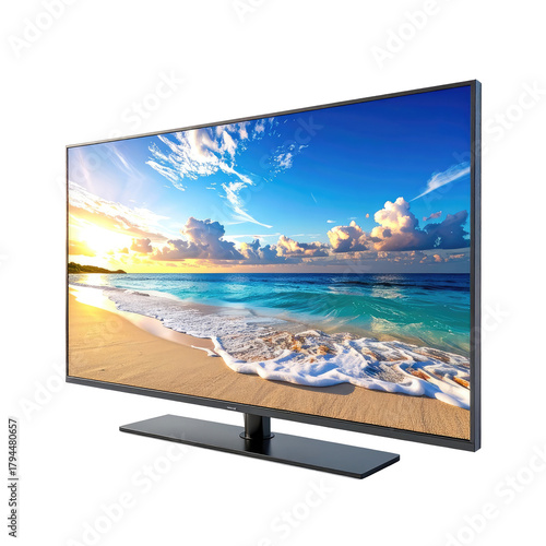 Modern television displaying a beautiful ocean beach scene