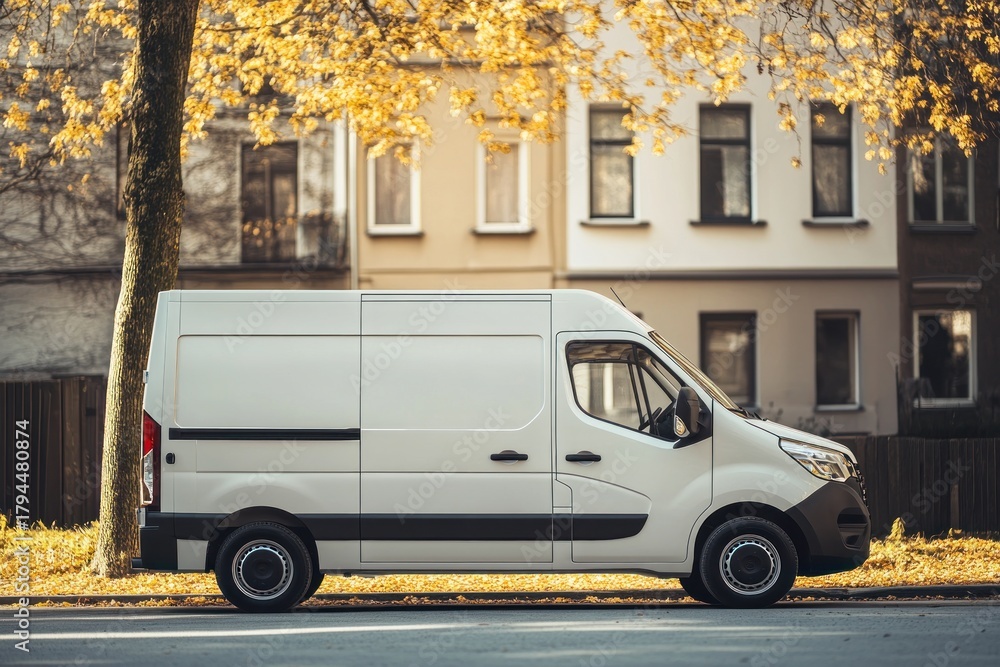 Obraz premium A white van with black rims parked on a tree-lined street, surrounded by autumn leaves and a building with a beige facade.