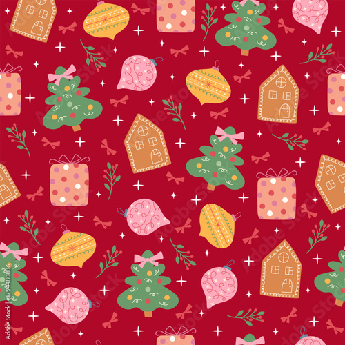 Red seamless pattern with festive Christmas elements. Festive background with a decorated tree, gift, trinket, and gingerbread house for greeting cards, fabric, and wrapping.