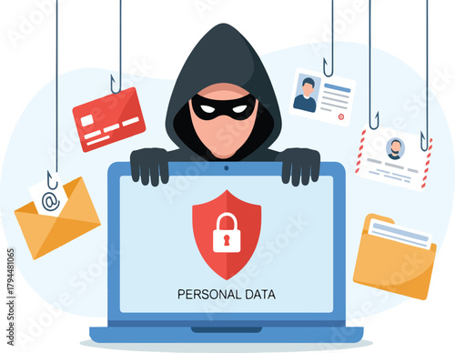 Cybersecurity Threat Illustration – Phishing & Data Theft Concept | hacker cartoon, personal data breach, phishing icons, cybercrime graphic, identity theft alert, digital security, masked attacker