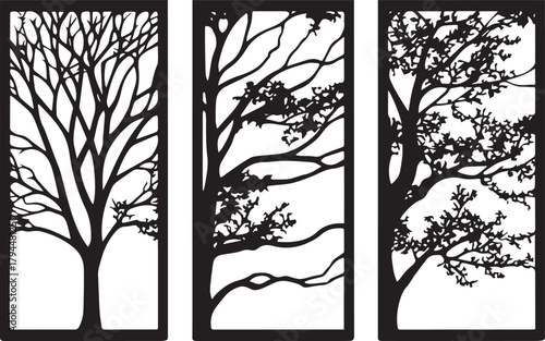 Artistic Tree Panels: A trio of stylized tree designs, rendered in stark black against a light backdrop, these panels bring a touch of nature indoors with an artistic flair. 