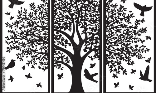 Artistic Silhouette: A captivating artwork featuring a stylized tree silhouette with intricately carved branches and leaves, accompanied by graceful birds in flight.