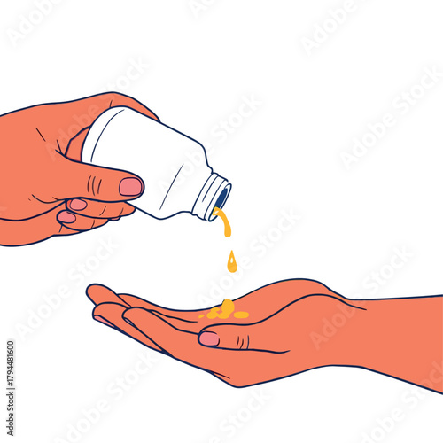 Vsai hand pouring supplements from bottle into receiving hand