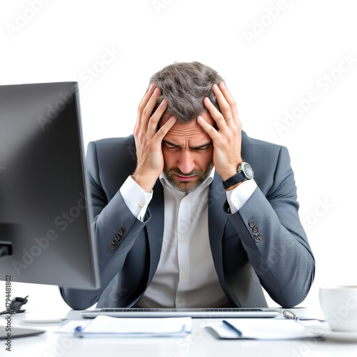 Frustrated businessman sitting at his desk with his head in his hands