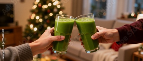 Couple toasting with green smoothies during a Christmas celebration. Healthy holiday lifestyle with a detox drink at home. Winter wellness concept