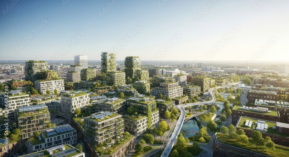 Fototapeta premium Sustainable urban landscape with green buildings and renewable energy sources