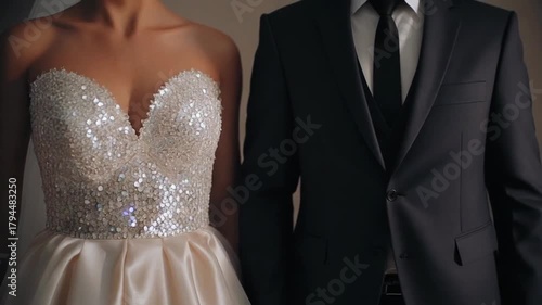 A cinematic front shot capturing a shimmering evening bridal gown beside a sleek dark groom suit. Light reflections dance across sequins and satin fabric, creating a glamorous high-fashion effect