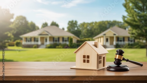 A wooden house model and a gavel are on a table, with two houses visible in the background, symbolizing real estate and legal proceedings.