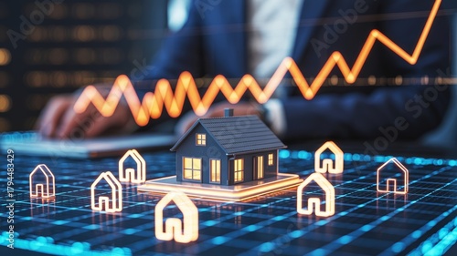 A digital representation of a house surrounded by smaller house icons and an upward trend graph, symbolizing real estate growth and market analysis.