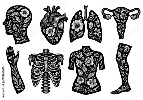 Elegant floral anatomy: artistic human body parts with botanical patterns