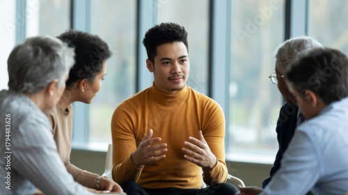 A focused discussion among a group, featuring a young man passionately expressing his thoughts while others listen attentively.