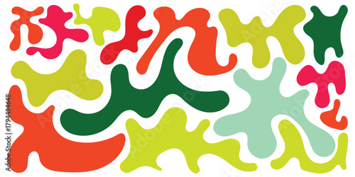 Set of Abstract Organic Liquid Blobs and Funky Shapes in Bright Mid-Century Modern Colors (Lime, Forest Green, Orange, and Pink) Isolated on White