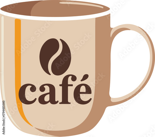 Beige coffee mug vector with cafe text and coffee bean icon for beverage and restaurant themes
