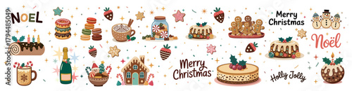 Festive Christmas vector illustration with desserts, candy, Santa, gingerbread houses, green champagne, and gold stars on transparent background, whimsical pastel holiday design.